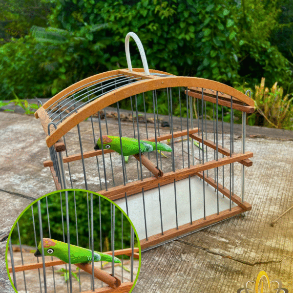 Mini Gaiola Com Pássaro Artesanato Em Madeira