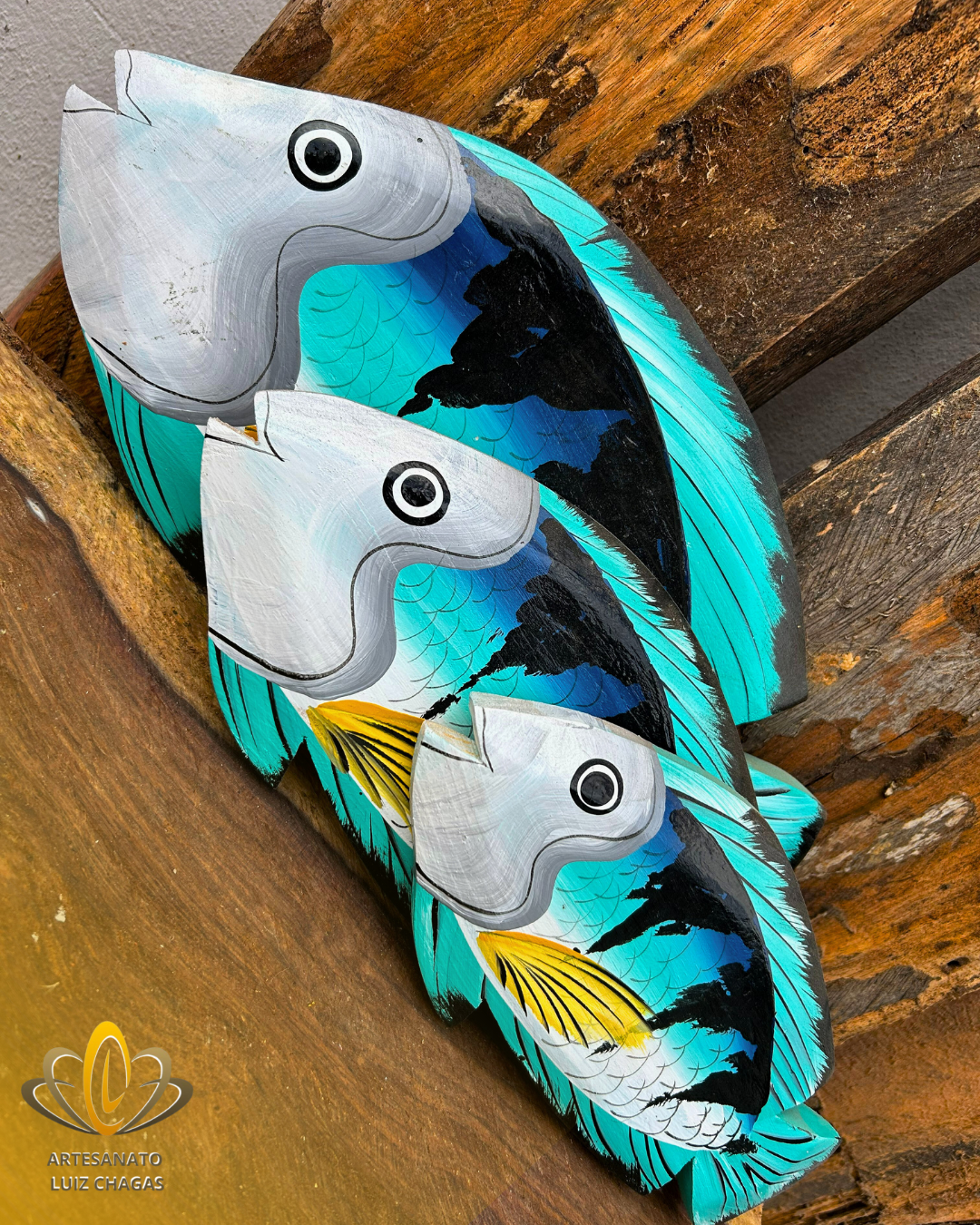 Kit 3 Peixes Decorativo Madeira Parede Azul